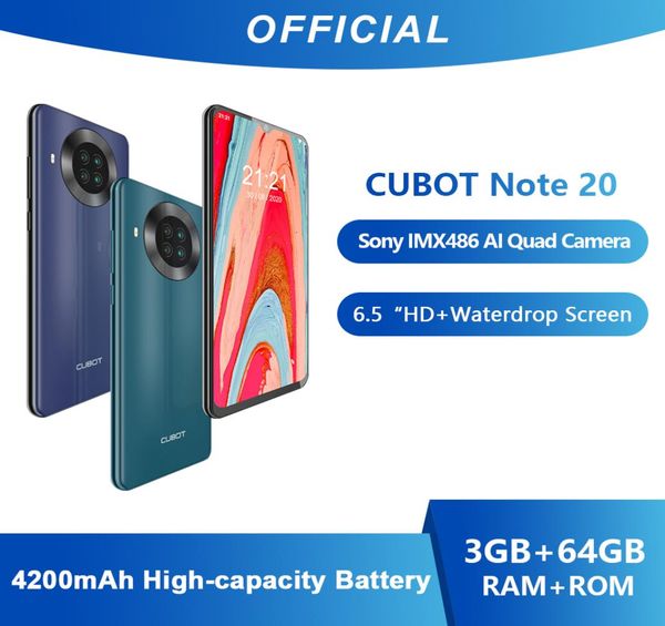 Cubot Note 20 Smartphone Quad caméra arrière NFC Google Android 10 65 pouces 4200mAh double carte SIM téléphone 4G LTE 3GB64GB celular8917022