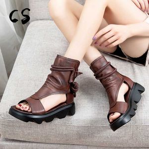 Cuculus été femmes bottes décontracté bottines en cuir véritable découpes sandales rétro à la main noir femmes chaussures plates