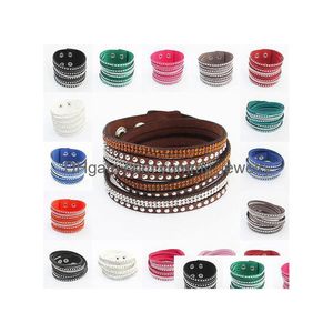 Manchette 17 couleurs Mtilayer Bracelets tissés strass diamant cristal chaîne en cuir bracelet de tennis Colorf bijoux de charme pour Drop Del Dh5P3