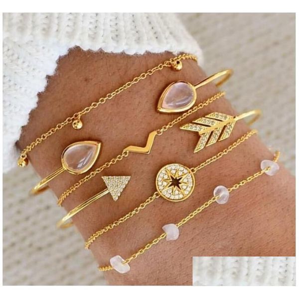 Brazalete Pulsera Joyería Moda para mujer Brazalete de oro Pulseras abiertas Flecha Piedras preciosas Brazaletes de diamantes Conjunto B09141 Entrega de gota Dh9Wx