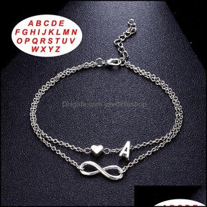 Manchet armbanden sieraden verkopen mode 925 Sier Infinity Love Heart 26 letters initialen Anklet armband voor groothandel druppel levering 2021 2CO