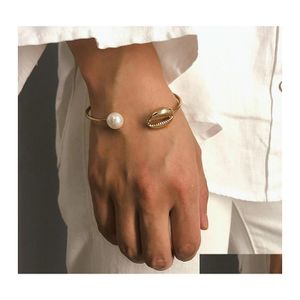 Manchet mode parelschaal handbangle voor vrouwen eenvoudige gouden draad open armband geometrische boho sieraden cadeau drop levering armbanden otrfp