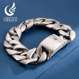 Manchet Fongten Zilver Kleur Matte Stalen Armband voor Mannen Brede Cubaanse Link Chain Punk Hip Hop Armbanden Armbanden Mode-sieraden Heren Cadeau 231116