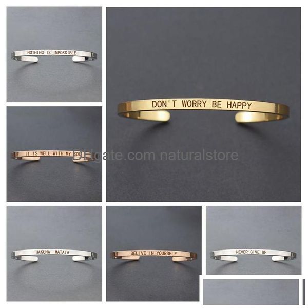 Cuff Inspirational Quotes Pulsera Dont Worry Be Happy Metal Grabado Brazalete Joyería de moda Regalos para amigos Drop Delivery Pulsera Ot72D