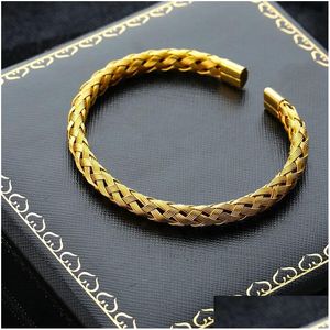 Bracelet de tricot de manchette pour homme femme 14 carats d'or jaune manchette d'ouverture réglable bracelet de charme bijoux à la main vintage livraison directe Jewe Dhiy3
