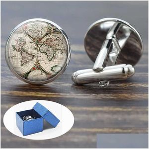 Boutons de manchette Terre Carte du monde Globe Boutons de manchette pour hommes Bouton Amériques Europe Mariage Hommes Mode Bijoux Drop Livraison Cravate Fermoirs Dhwg6