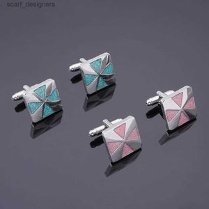Cuff Links Glitter Square Cross Cuff Links Blue Pink Ematel Pair Cufflinks Anniversaire Mariage Anniversaire Pathers Day Gift Mens Women Y240411