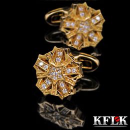 Gemelos KFLK Joyería Camisa Gemelos de cristal para hombre Marca Color dorado Botón de enlace de moda Invitados de boda de alta calidad 230307