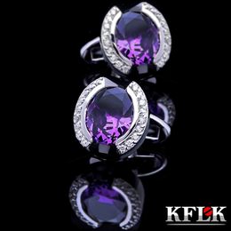 Gemelos KFLK joyería camisa gemelos para hombre marca púrpura cristal gemelos lujo boda novio botón invitados de alta calidad 230818