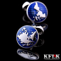Boutons de manchette KFLK bijoux carte du monde boutons de manchette pour chemises pour hommes bouton bleu marque de haute qualité boutons de manchette de luxe invités de mariage 230824