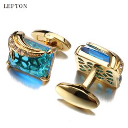 Boutons de manchette boutons de manchette en verre bleu de luxe discret pour hommes Lepton marque boutons de manchette en cristal carrés de haute qualité boutons de manchette chemise Relojes Gemelos 230518