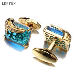 Cuff Links Low-key luxe blauwe glazen manchetknopen voor heren Lepton Brand Hoogwaardige vierkante kristallen manchetknopen Shirt Cuff Links Relojes Gemelos 230419