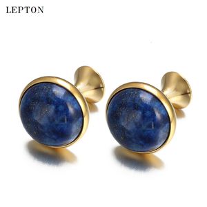 Boutons de manchette Boutons de manchette Lapis Lazuli de luxe discret pour hommes couleur or Lepton haute qualité ronde Lazurite pierre boutons de manchette Relojes gemelos 230506