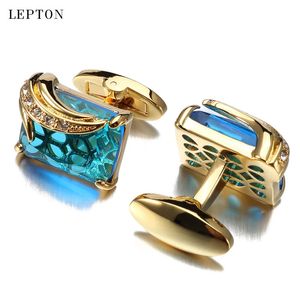Boutons de manchette de luxe en verre bleu pour hommes, marque Lepton, chemise carrée en cristal de haute qualité, Relojes Gemelos 231204