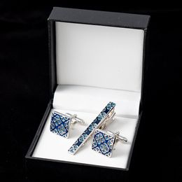 Gemelos de camisa francesa para hombre y juego de alfileres de corbata con caja, patrón de trébol azul, alfileres de enlace esmaltados, regalos de boda y Navidad 230228