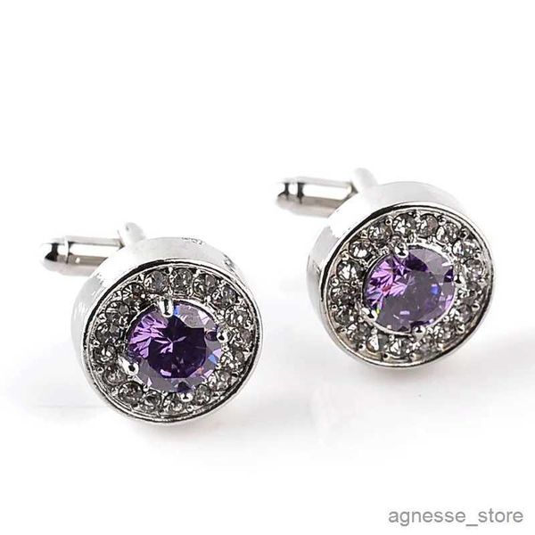 Boutons de manchette pour hommes, boutons de manchette ronds en cristal émail violet blanc pour fête de mariage, boutons de manchette de chemise française, boutons de manchette de luxe strass R231205