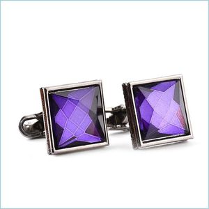 Manchet links Purple Crystal Cuff Links Square Diamond Business Shirt manchetknopknop voor mannen mode sieraden drop levering manchetjes t dhcfd