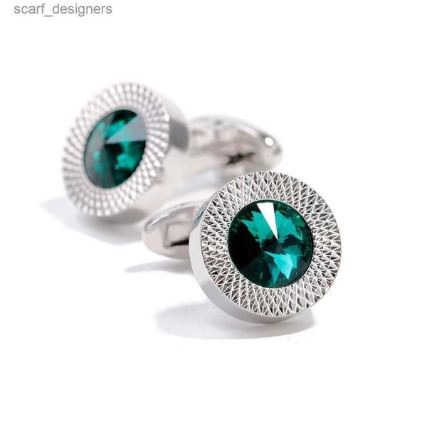 Cuff Links Tomye Mens Cufflinks Luxury Luxury High Quality Green Crystal Color Copper Wholesale Shirt Cuchs Round Jewelry XK19S010 Y240411