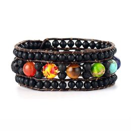 Manchette Onyx pierre de lave 7 Chakra bracelets d'enveloppement en cuir fait à la main bohême Bracelet goutte C19041601327V