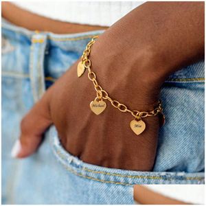 Brazalete personalizado Nombre grabado Pulsera personalizada Cadena de acero inoxidable 1/5 Nombres Corazón Pulseras con dijes de oro para mujeres Regalos de joyería Dro DHCLS