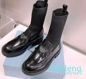 Puño acanalado Pisos tipo calcetín Tobillo Combate Rockoko Tejido elástico Cuero negro con cordones Biker Botines para mujer Zapatos de diseñador de lujo Calzado de fábrica