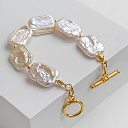 Brazalete Vintage chapado en oro pulsera de acero inoxidable de 18 quilates pulsera con cuentas de perlas naturales cadena hecha a mano para mujer 231116