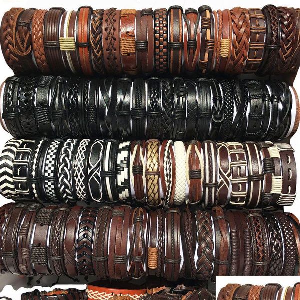 Cuff En Gros 100Pcs / Lot Bracelets En Cuir De Manchette À La Main Véritable Bracelet De Mode Bracelets Pour Hommes Femmes Bijoux Mélanger Couleurs Drop Deliv Dhltw