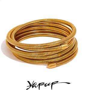 Manchette Yhpup en acier inoxydable empilable multi-couche Wrap bras bracelet bracelet en métal élastique étanche mode unisexe bijoux hommes femmes 231116