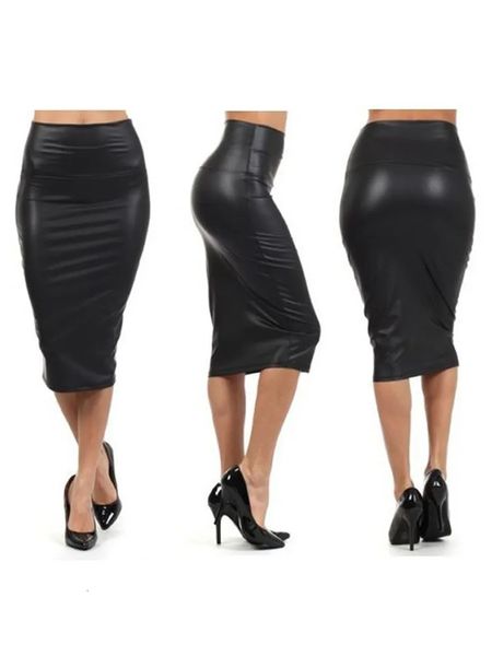 CUHAKCI dos fendu femmes jupe Sexy noir moulante Clubwear taille haute en cuir PU Vintage longues jupes crayon 231005