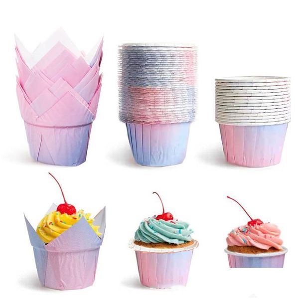 Cupcake 100 Unids / lote Revestimiento Degradado Pastel Taza Para Hornear Bandeja Caja A Prueba De Aceite Punta De Papel Muffin Envoltorios Postre Titular Fiesta Boda Christma Dhjey