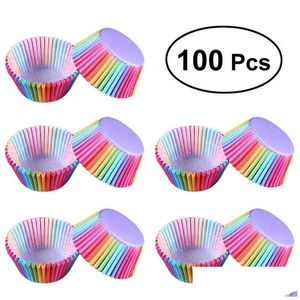 Cupcake 100Pcs Paper Cups Rainbow Liner Muffin Cases Cup Cake Topper Baking Tray Kitchen Accessories Pastry Decoration Tools Drop De Dhbor