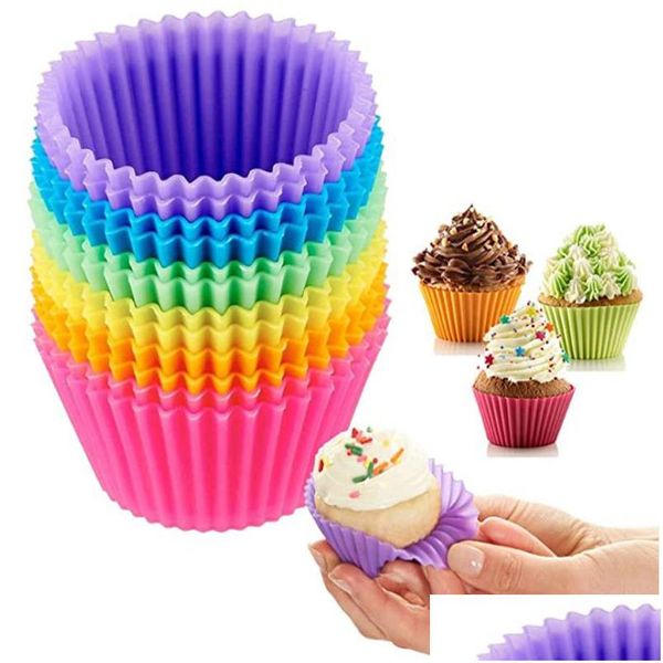 Cupcake 12Pcs Sile Cake Mold Ronda en forma de muffin Moldes para hornear Cocina Utensilios para hornear Fabricante Diy Herramientas de decoración Drop Delivery Home Dhbrv