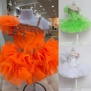 Cupcake Babymeisje Optochtjurk 2024 Ruches Mouw Kristallen Glitz Klein kind Verjaardag Formeel Cocktailparty Jurk Baby Peuter Tiny Young Miss Neon Oranje Kiwi