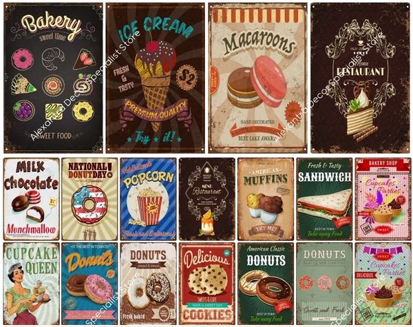 Cupcake Donuts Dessert Vintage Métal Peinture Tin Sign Wall Art Rétro Affiche Pub Bar Fast Food Shop Décor Petit Déjeuner Plaque 20cmx30cm Woo