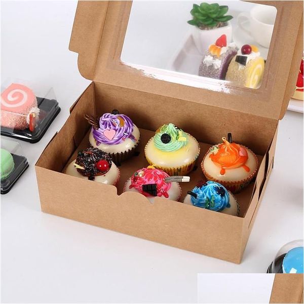 Cupcake Windowed Boxes White Brown Kraft Paper Box Embalaje de regalo para la fiesta del festival 6 Cup Cake Holders Custom Drop Delivery Home Dhwiy