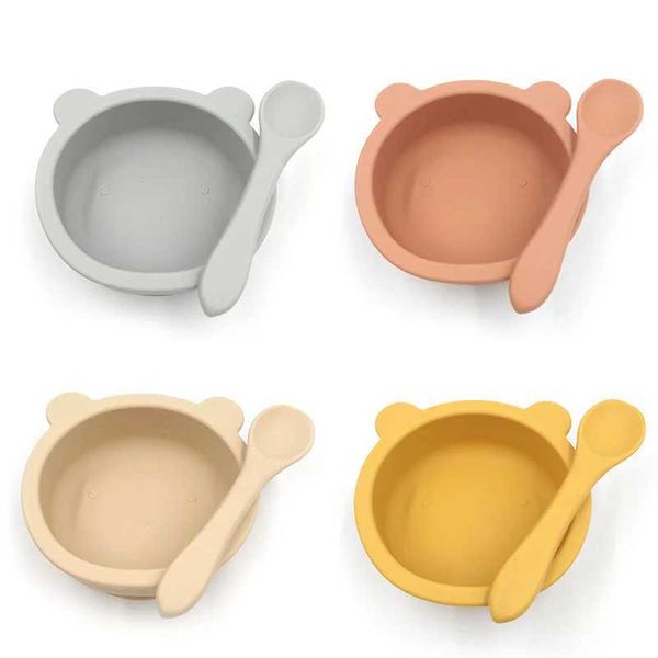 Cups Dishes Ustensiles 100% Food Safety Certified Silicone Bowl With Sution Childrens Table Vole du bol d'entraînement imperméable Spoon Baby Aliteding Accessoriesl2405