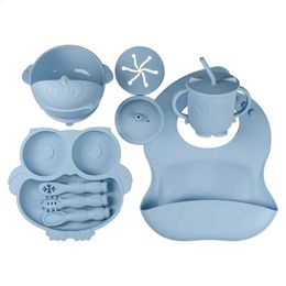 Tasses Vaisselle Ustensiles 12 pièces bébé assiette à manger infantile dessin animé hibou vaisselle enfants de qualité alimentaire Silicone divisé ventouse bol complémentaire 231116