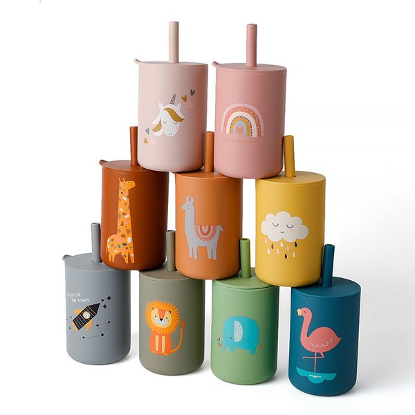 Tasses Vaisselle Ustensiles 150 ML Bébé Tasse En Silicone avec Motif Exquis Couvercle Portable Boisson Paille Enfants Étanche Nourrir Grand-Mère Bouteille 230607