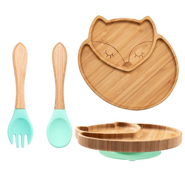 Tasses, plats, ustensiles 1 ensemble bol d'alimentation pour bébé assiette à dîner dessin animé mouton bambou enfants vaisselle avec ventouse en Silicone fourchette en bois Spoo 221104