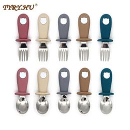 Tazas Platos Utensilios 2PCSet Vajilla de silicona para bebés Niños Vajilla de acero inoxidable Cubiertos para niños pequeños Dibujos animados Alimentación infantil Cuchara Tenedor 230621