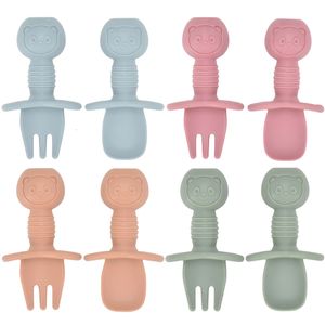 Kopjes Gerechten Gebruiksvoorwerpen 2 stuks Set Food Grade Siliconen Mini Vork Lepel Voor Baby Dierenprint Set Voeden Leren Eten Kinderen Servies 230607