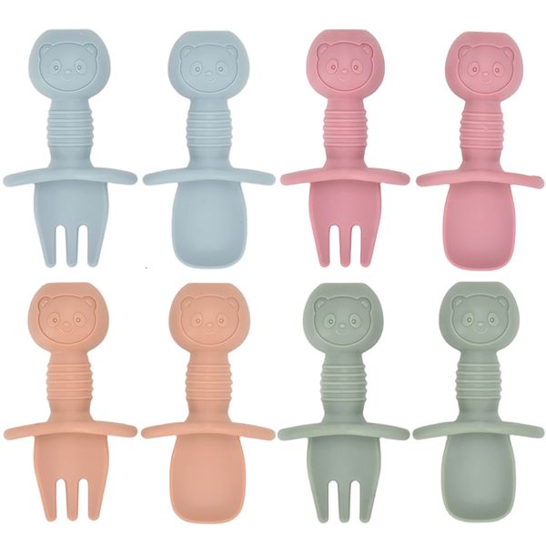 Tasses Plats Ustensiles 2pcsset Silicone De Qualité Alimentaire Mini Fourchette Cuillère Pour Bébé Animal Imprimer Ustensiles Ensemble Cuillère D'alimentation Apprendre À Manger Vaisselle Pour Enfants 221119