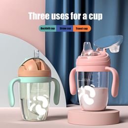 Gobelets Vaisselle Ustensiles 3 en 1 Enfant Bouteille d'eau Bébé Sippy Anti étouffé Enfants Apprentissage Boire Coupe étanche avec Bec V Paille Sling 230727