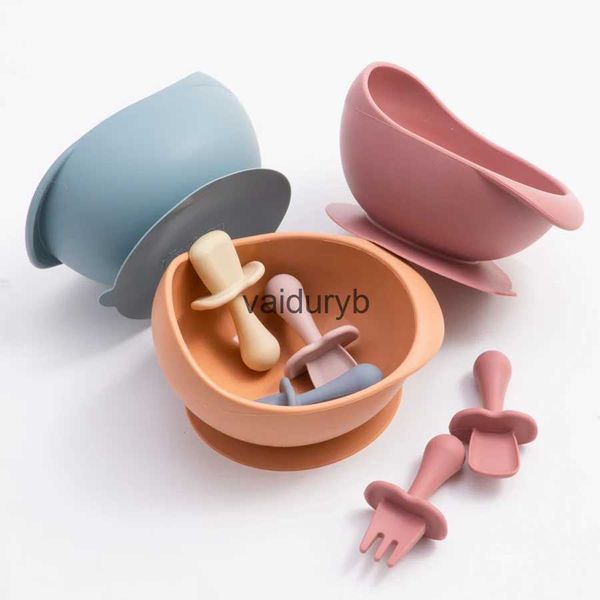 Tasses Vaisselles Ustensiles 3 pièces Silicone bol d'alimentation pour bébé vaisselle cuillère et fourchette imperméables plats d'aspiration antidérapants pour bol de bébé accessoires nouveau-névaiduryb