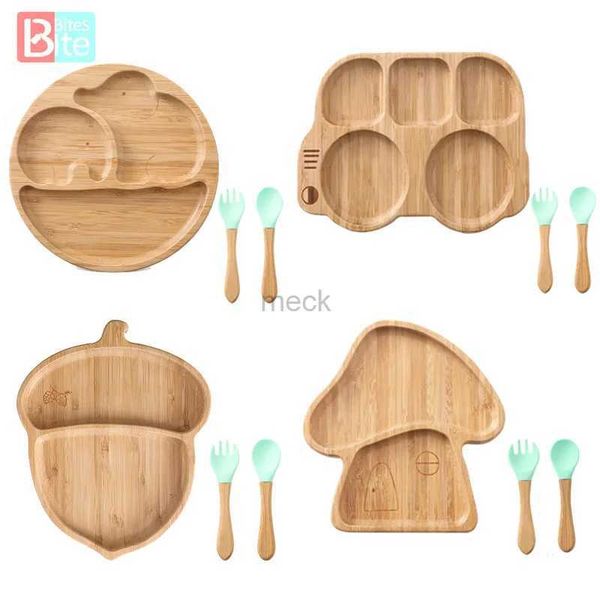 Tasses Plats Ustensiles 3 pièces en bois bébé alimentation vaisselle bambou enfants bol d'alimentation avec ventouse diviseur nourriture enfants cadeaux de croissance sans BPA 240329