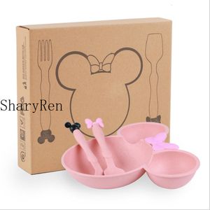 Cups Dishes Utensils 3Pcsset Cartoon Baby Bowl Tableware Set Wheat Straw Children's Dishes Kids Dinner Feeding Plate Bowknot Food Plate Spoon Fork 230608