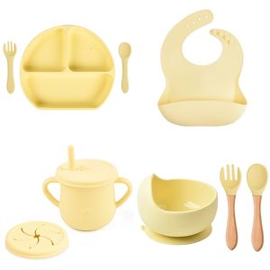 Tazas Platos Utensilios 468 piezas bebé silicona suave babero bandeja de comida ventosa tazón cuchara tenedor conjunto antideslizante grado alimenticio niños 230427