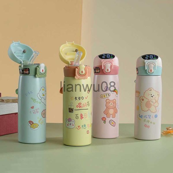 Tasses Vaisselle Ustensiles 500ML Mignon Ours Bouteille D'eau Thermique Affichage Intelligent Température Thermos Tasse Avec Bouteille De Paille En Acier Inoxydable Enfants Tasse Isolée x0904