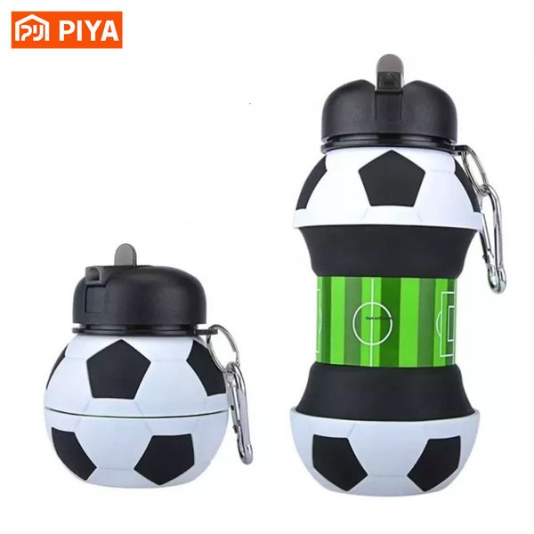 Tazas Platos Utensilios 550 ml Botella de agua de fútbol Sprorts plegables Botellas de agua Fútbol Bola plegable portátil Taza de agua de silicona para niños al aire libre Regalo 230625