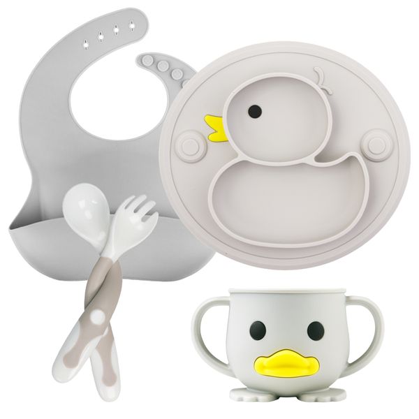 Tazas Platos Utensilios 5 Unids Bebé Plato de Silicona Antideslizante Alimentación Vajilla Sucker Bowl Sippy Cup Baberos Cuchara Tenedor Juegos para Bebé Led Weaning 230726